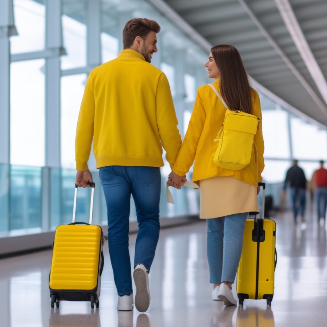par z rumenimi kovčki na letališču, mala, nova pravila letalske družbe, ryanair, wiz blog